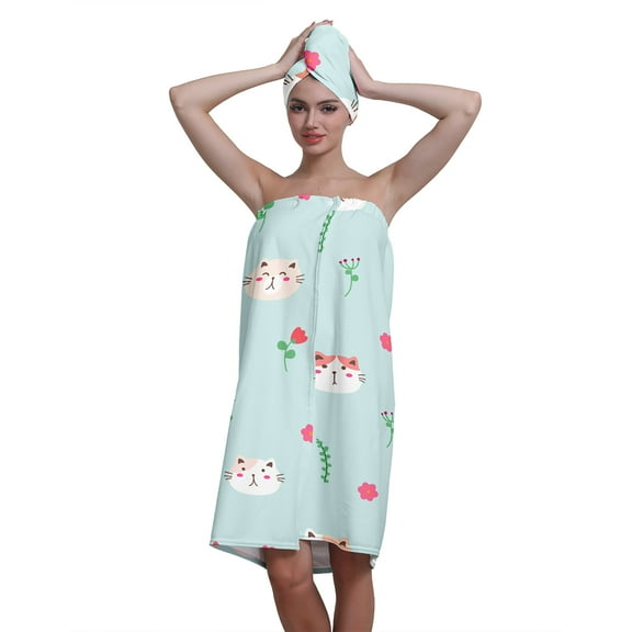 Colevkie Women's Adjustable Bath Skirt Hair Drying Cap 2 Pcs Set,Shower Wrap Towel Shower Cap,Absorbent and Soft,for Bathroom Spa Beach