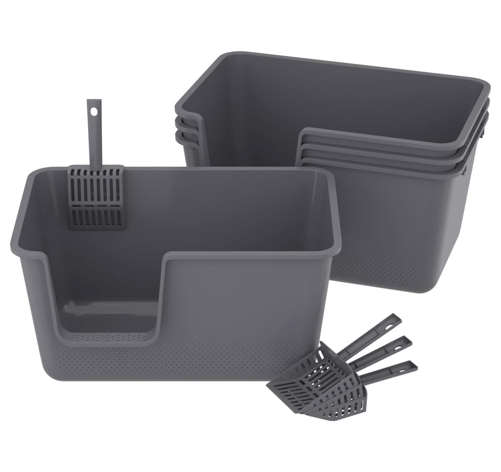 4-Pack Cat Litter Box with High Sides and , Plastic Open Litter Box, Gray