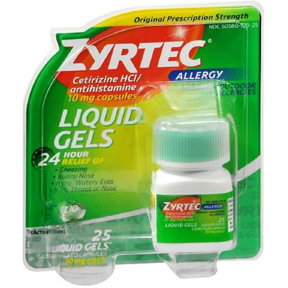 Zyrtec Ceterizine HCI 10mg 24Hr Allergy Relief Liquid Gels, 25 ct, 4 Pack