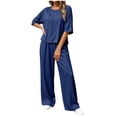 thumbnail image 3 of Tqyyweavej 2 Piece Lounge Sets for Women Short Sleeve Loose Fit Crew Neck T Shirts and Wide Leg Elastic Waist Linen Pants with Pockets, 3 of 7