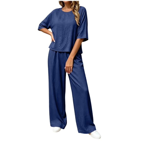 SZJXBUY Summer Sets for Women Linen Casual Crewneck 3/4 Sleeve Top and Wide Leg Pant Set Plus Size 2 Piece Lightweight Outfits Navy,M