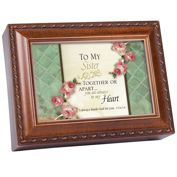 Cottage Garden Sister Always in My Heart Woodgrain Rope Trim Music Box Plays Friend In Jesus