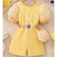 thumbnail image 3 of GYRATEDREAM Toddler Baby Girl Romper Jumpsuit Kids Crewneck Short Puff Sleeve Cross Back Pit Strip Onesie with Bag Spring Summer Outfit Clothes Yellow for 2-7Y, 3 of 3