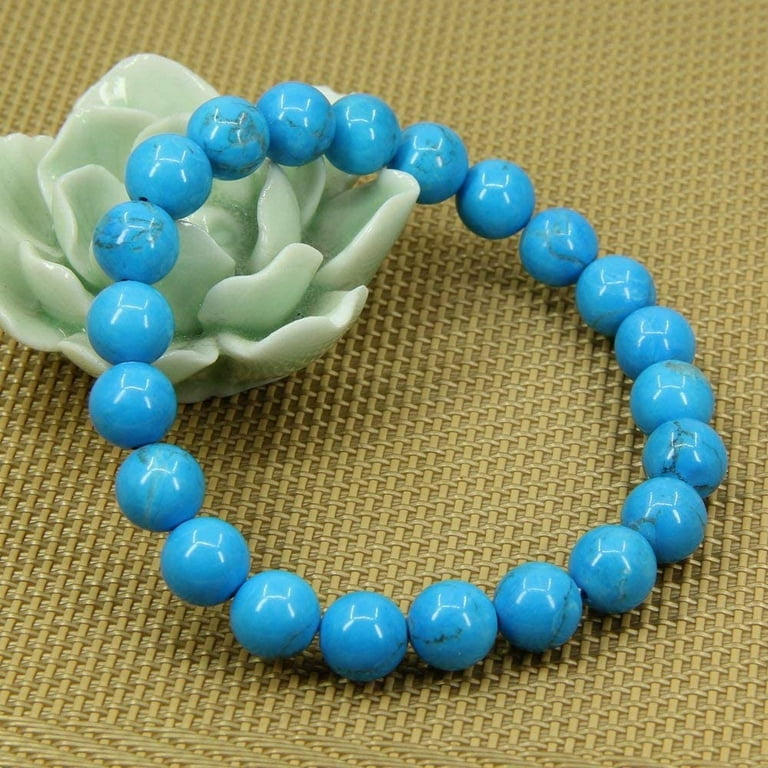 Natural Blue Turquoise Stretch Bracelet – 7-8mm Round Beads, 7-9 Inch Stretchable (MLD Trading)