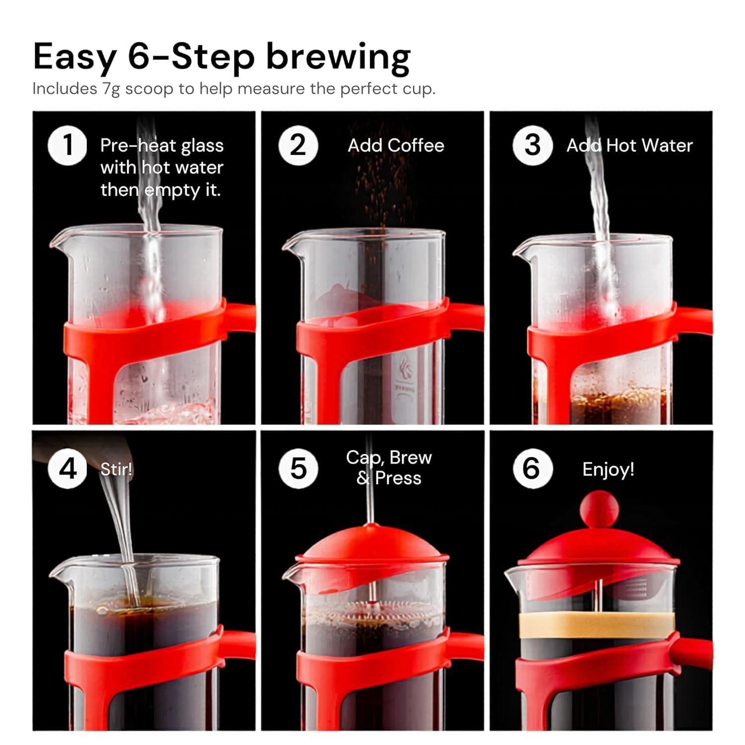 OVENTE French Press Coffee Maker 34 Ounce with Heat Resistant Borosilicate Glass & Stainless Steel 4-Level Filtration System, Portable Cold Brew Coffee Maker for Travel, Camping or Gift, Red FPT34R