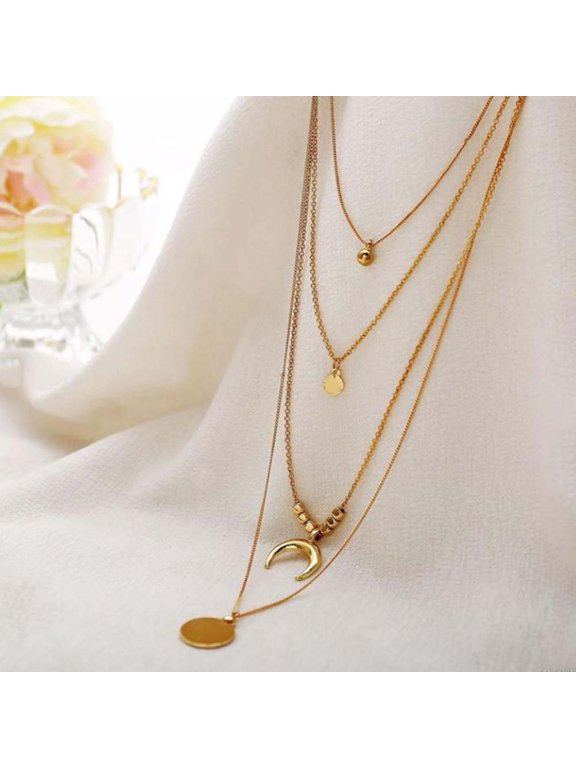 Chic Women Multilayer Chain Metal Disc Moon Necklace Banquet