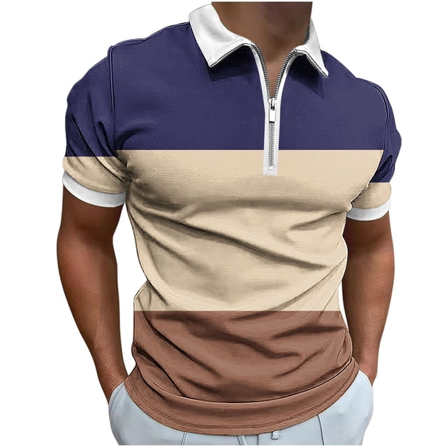 FAIWAD Mens Short Sleeve Shirts Zipper Striped Patchwork T-Shirt Basic Lapel Athletic Tennis Tops