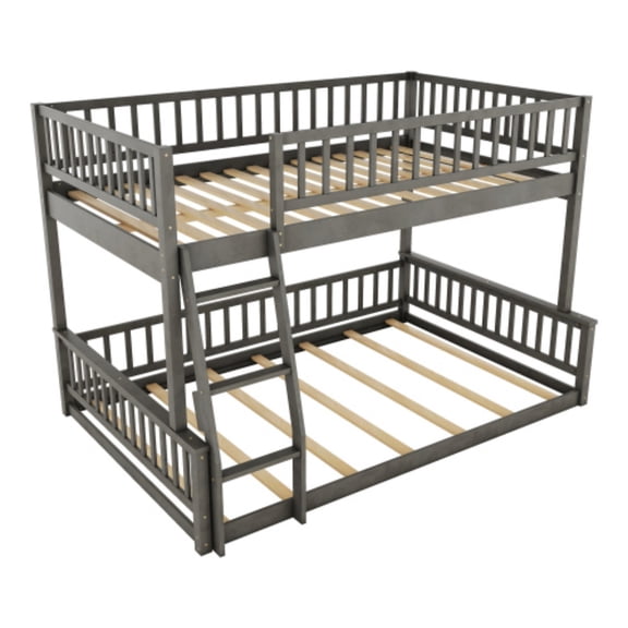 Full XL Over Queen Bunk Bed with Ladder, Convertible Wood Bunk Bed Frame with Safety Guardrails, Solid Pine Wood Space Saving Bed for Bedroom, Gray