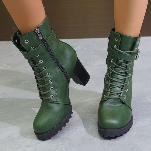 NTACZA Dressy Women's Boots Green Ankle High Heel Faux Leather Lace-up Side Zip Boots Women's Shoes 36