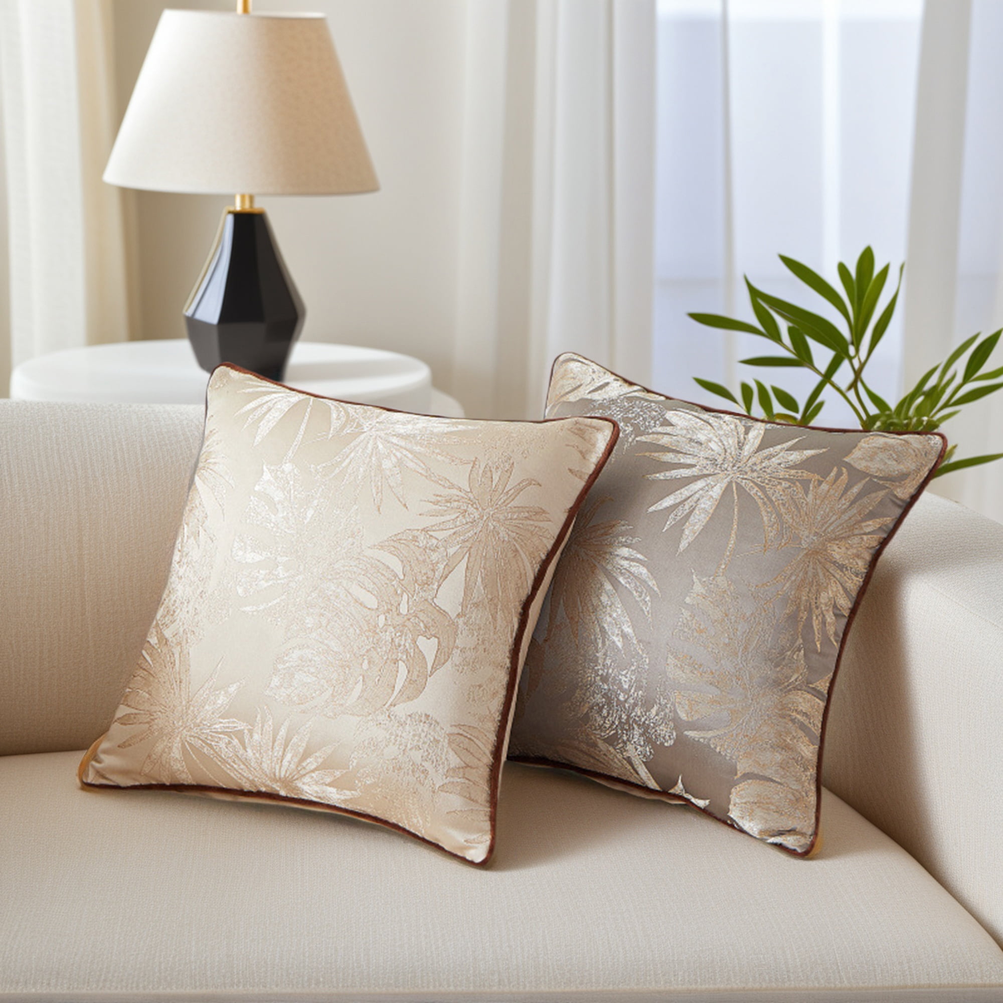Unique Bargains 2pcs Velvet Tropical Leaf Jacquard Pillow Cover 18" x 18" Grey