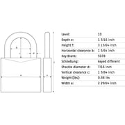 Padlock, Keyed Different, Standard Shackle, Square Hardened Steel Body, Hardened Steel Shackle