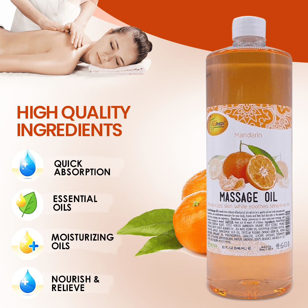 SPA REDI - Massage Oil, Mandarin, 32 Oz - Professional Full Body Massage Therapy, Manicure, Pedicure - Relax Sore Muscles and Repair Dry Skin, Enhanced with High Absorption Oils and Vitamin E