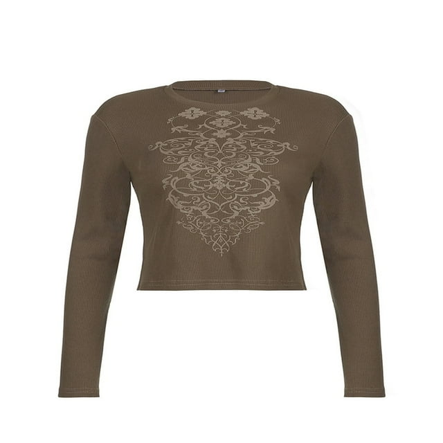 T-shirt Décontracté d'Automne pour Femmes à Manches Longues, Imprimé Vintage, Col, Nombril Exposé