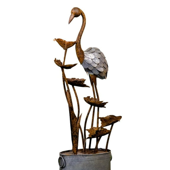 Hi-Line Gift Ltd. Metal Flamingo W/Leaves In Pail Fountain