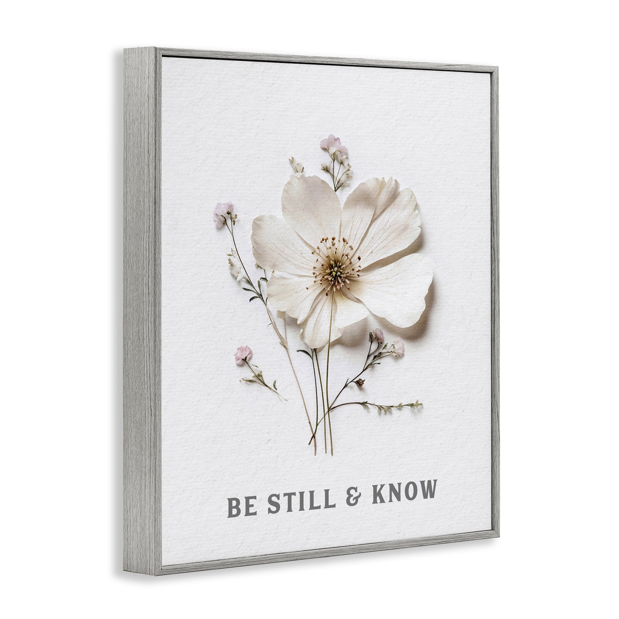 Be Still & Know Pressed Flowers Gray Framed Giclee Art, design by Lettered and Lined