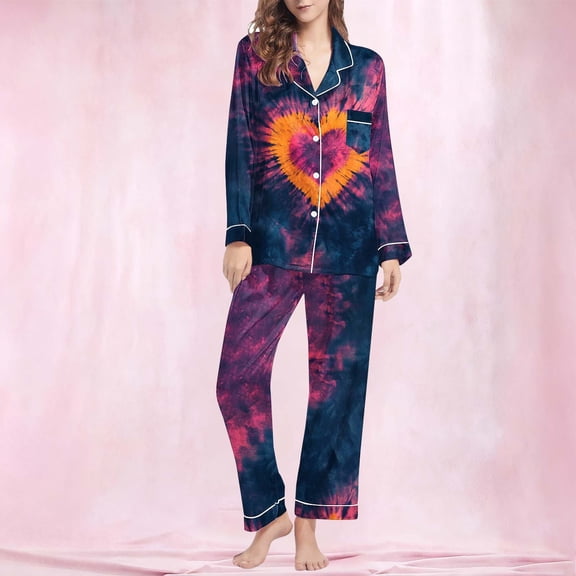 Blmnix Women Pajama Sets Sleepwear Sets Petite Pajamas Valentines Pajamas Long Sleeve Blue Collared Ankle Straight-Leg Valentines Day Pjs Women,L