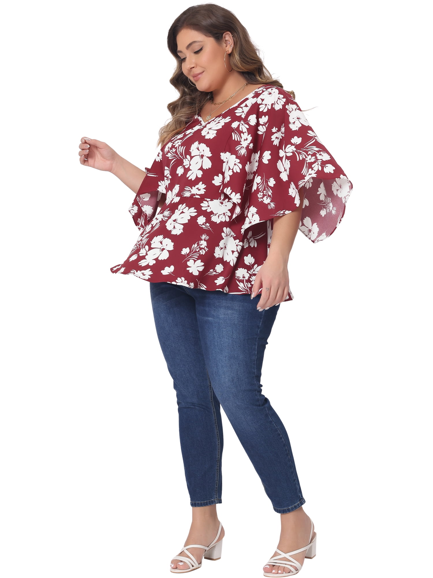 DARING DIVA Women's Plus Floral Flowy Sleeve Chiffon Blouses 3X Burgundy