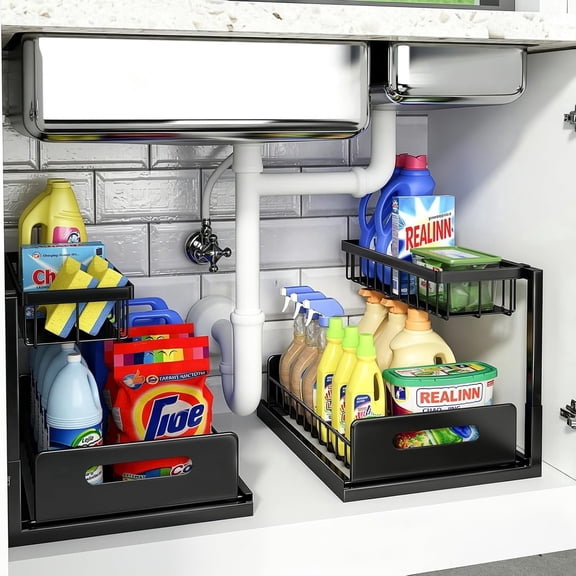 Under Sink Organizer, L-Shaped 2 Tier Pull Out Cabinet Organizer For Kitchen and Bathroom, Slide Out Under Cabinet Storage, Metal Under Sink Storage with Sliding Drawer, 50 lbs, Black 2 Pack