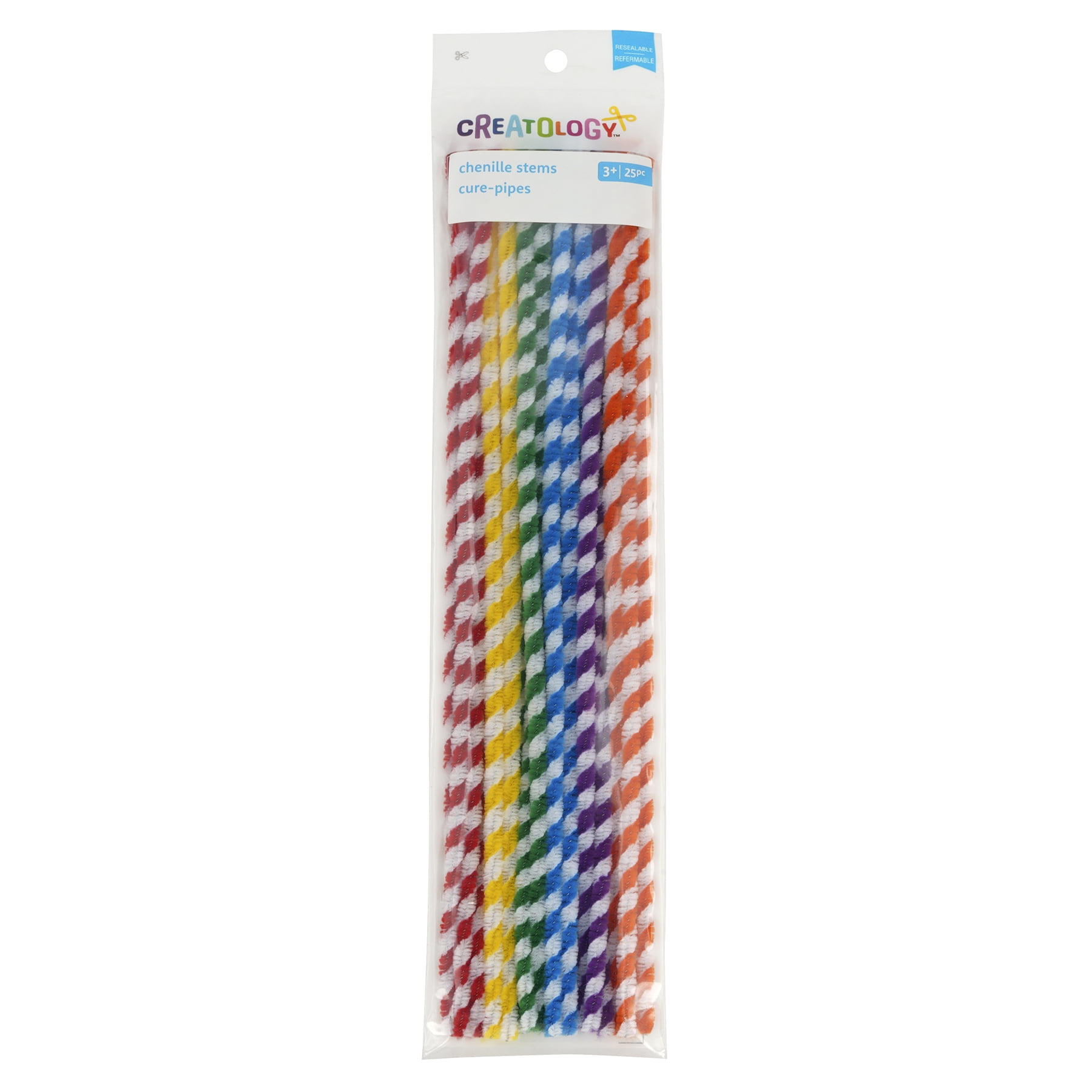 Primary Stripes Mix Chenille Pipe Cleaners by Creatology – 6mm x 12" Striped Craft Stems in Assorted Bright Colors for Kids’ Crafts & DIY Projects - 24 Pack