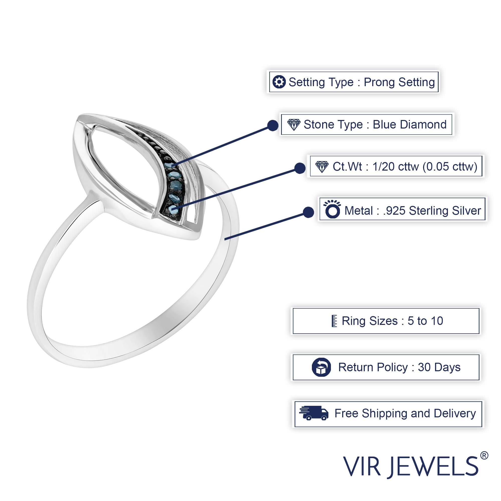 Vir Jewels 1/20 CTTW Blue Diamond Marquise Ring .925 Sterling Silver with Rhodium Size 7 Female Adult
