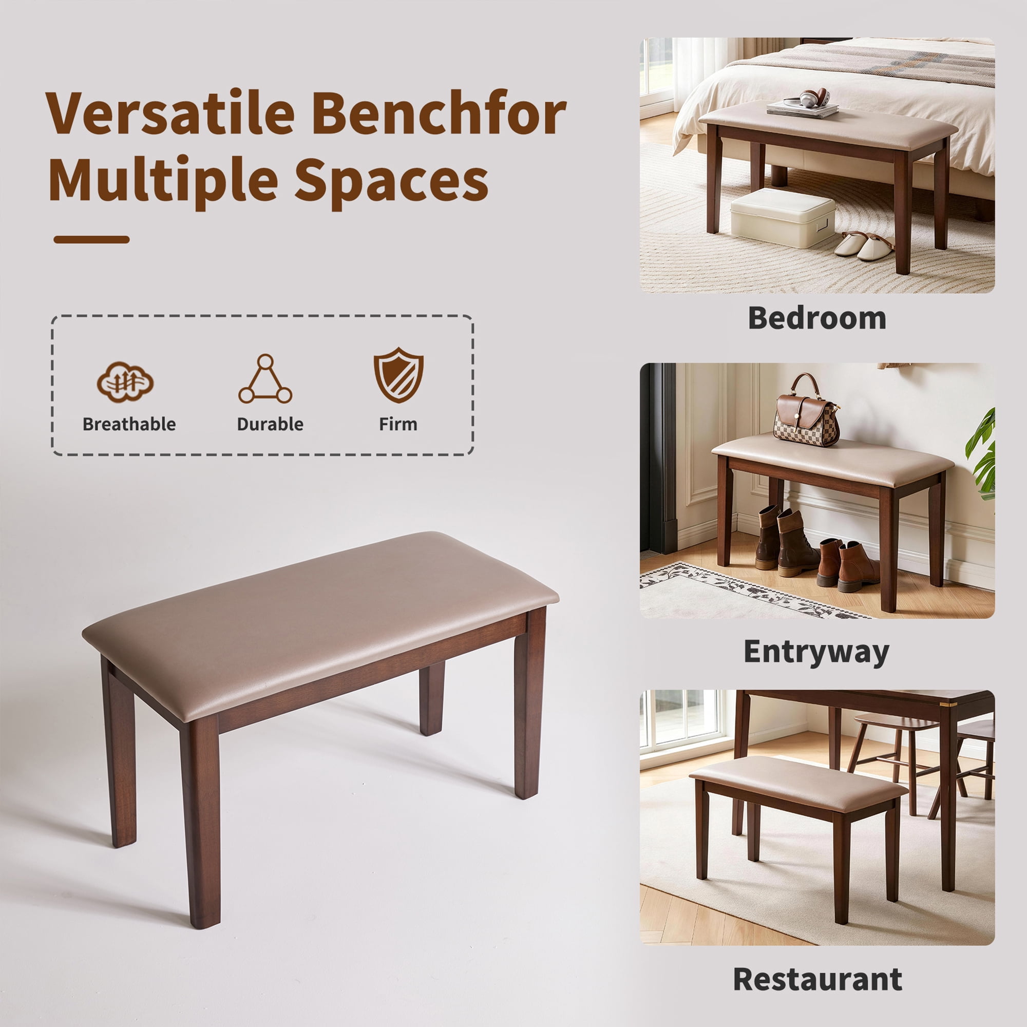 Solid Wood Frame Bench with Soft Breathable Tech Fabric Cushion, Heavy Duty Farmhouse Upholstered Stool, Multi-use Furniture for Dining Room, Entryway, Bedroom, Living Room and Apartment