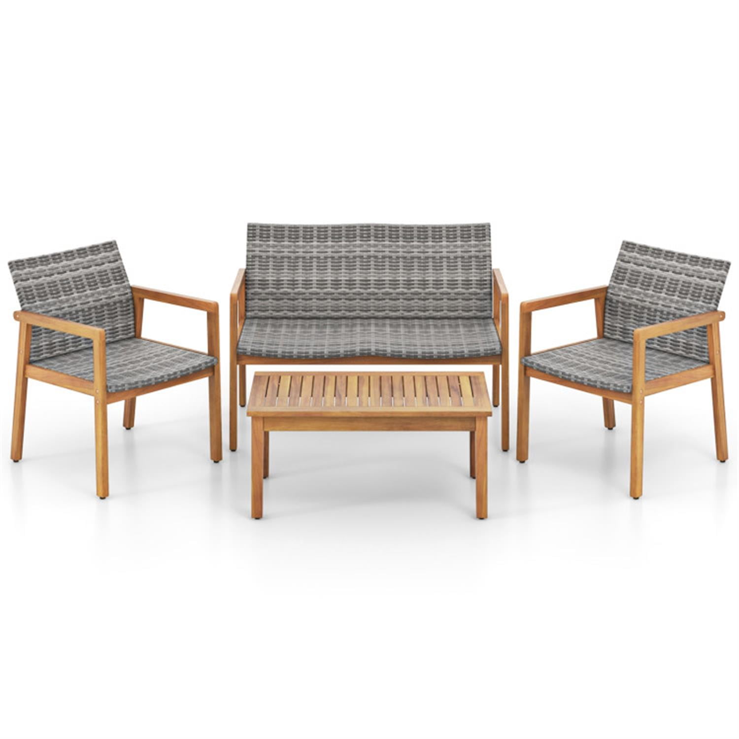 Demi Bonn 4-Piece Patio Furniture Set with Loveseat Single Chairs and Coffee Table, Conversation Armchairs for Garden Poolside Balcony, Gray