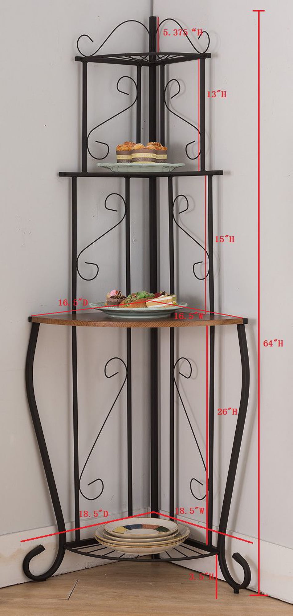 Pilaster Designs Tedor Transitional 4 Tier Freestanding Corner Kitchen Bakers Rack with Black Metal Frame and Walnut Wood Center Shelf Walmart
