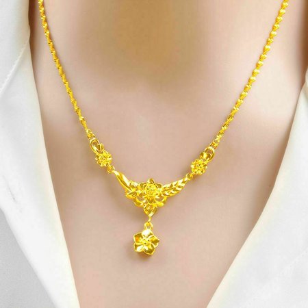 24k Yellow Gold Flower Necklace Women's Collarbone Chain 999 THAI BAHT Jewelry