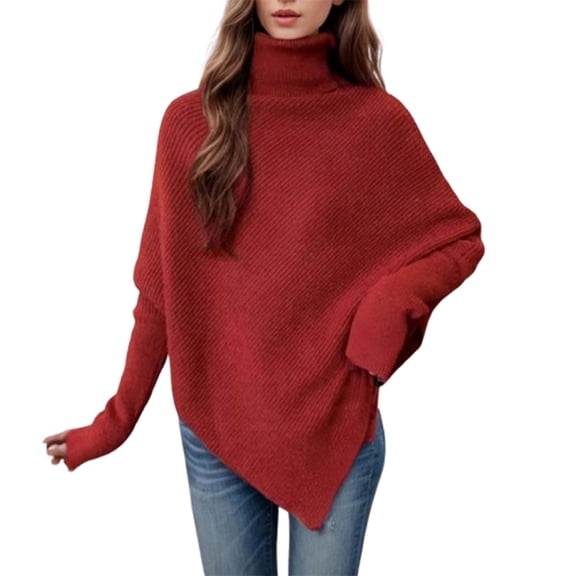 UAMVSH Women's Long Sleeve Turtleneck Knitted Sweaters Fashion Asymmetric Hem Oversized Fall Winter Sweaters Casual Pullover Tops(X-Large,Red)