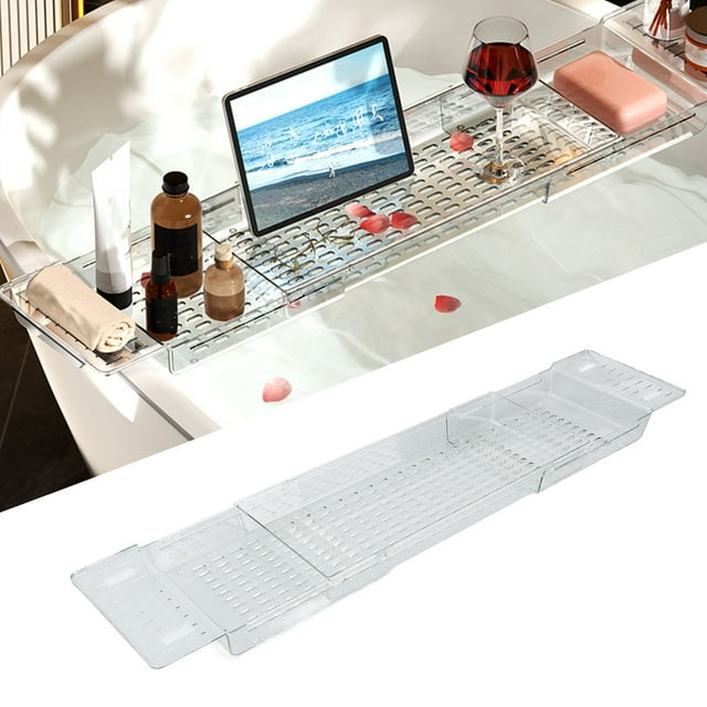 Adjustable Bath Tray for Tub Premium Material, Extendable Large Capacity Draining Design, Multipurpose Suitable for Bathroom, Toilet