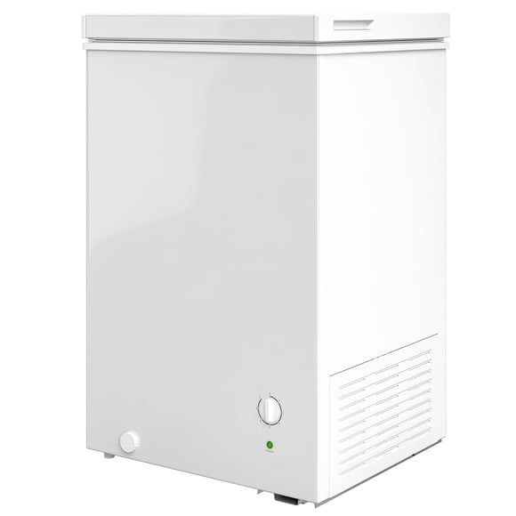 3.5 Cu.Ft Mini Chest Freezer, Compact White Freezer with 5-Setting Adjustable Thermostat and Removable Wire Basket, Quiet 39dB Operation for Kitchen, Garage, or Apartment