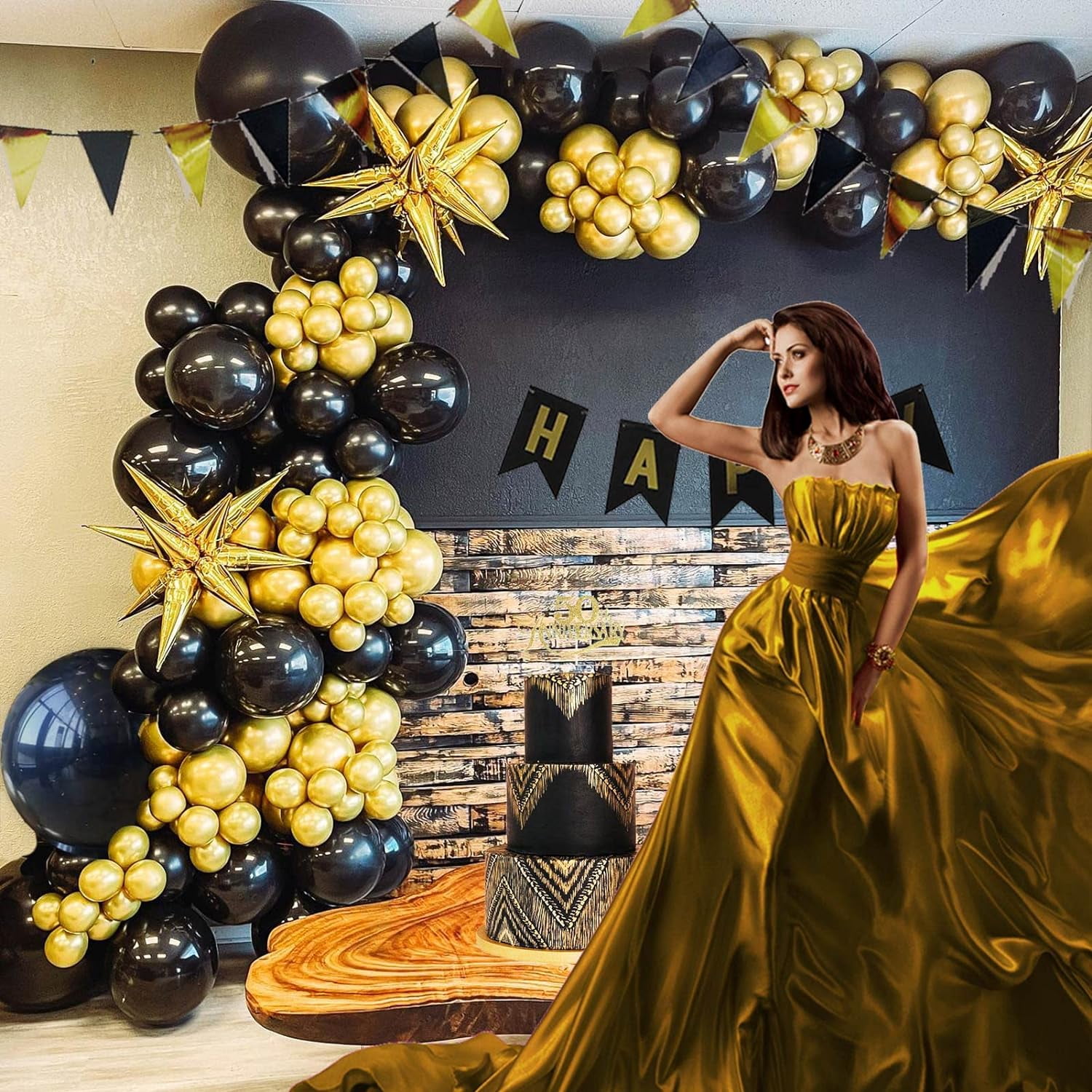 Gold and black balloons Garland Arch Kit 133PCS with Starburst myalr  balloons for 2024 new year eve Graduation Anniversary Retirement party Men
