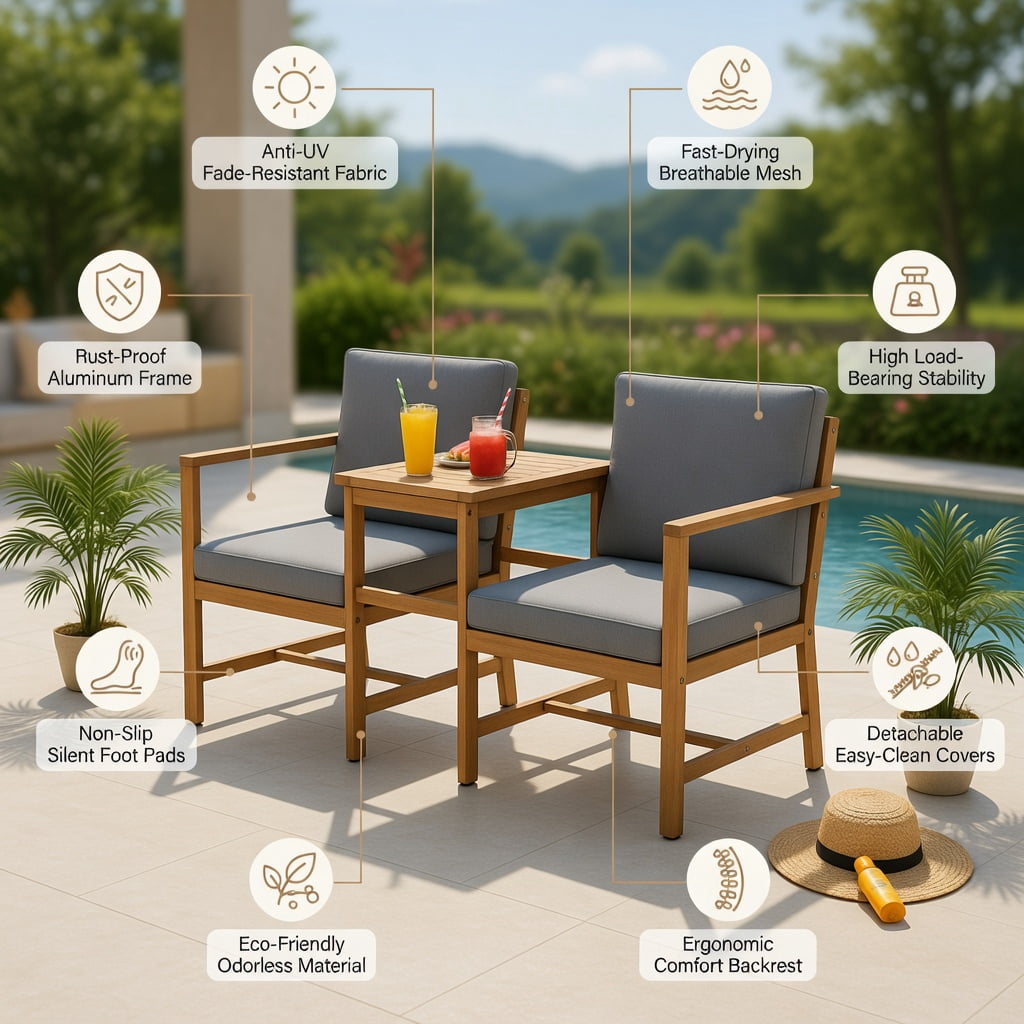 Hommoo 3-Piece Acacia Wood Outdoor Loveseat Set with Detachable Coffee Table & Removable Cushions, Teak Patio Furniture for Backyard, Balcony & Poolside, Natural