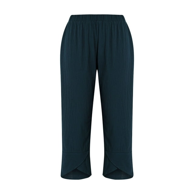 Pantalones de lino para mujer, Noveno pantalón Color sólido Cintura media Suelto Casual con bolsillos XBTCLXEBCO XXXXXL;Azul marino