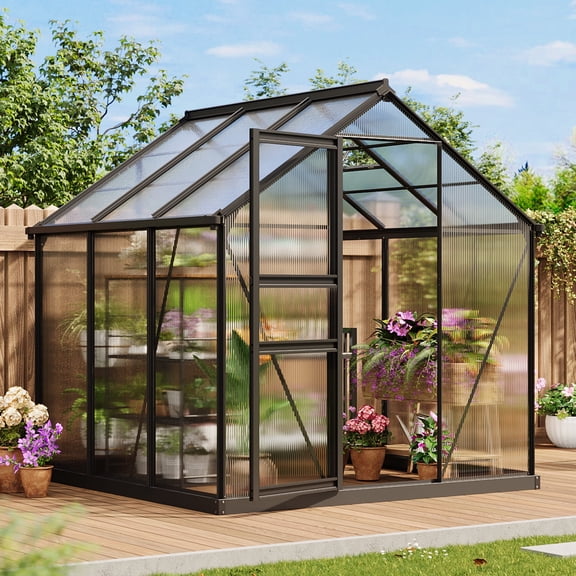 Greenhouse for Outdoors, 6ft x 6ft Polycarbonate Greenhouse with Lockable Hinged Door and Roof Vent, Aluminum Large Walk-in Greenhouse for Outside Garden Backyard, Black