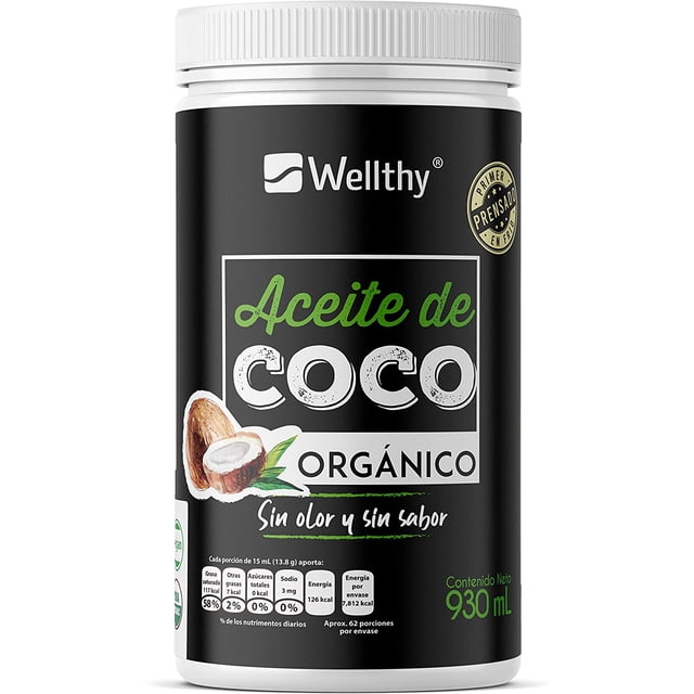 Aceite de coco ORGÁNICO 930ml, sin sabor y sin olor Wellthy Frasco con cápsulas