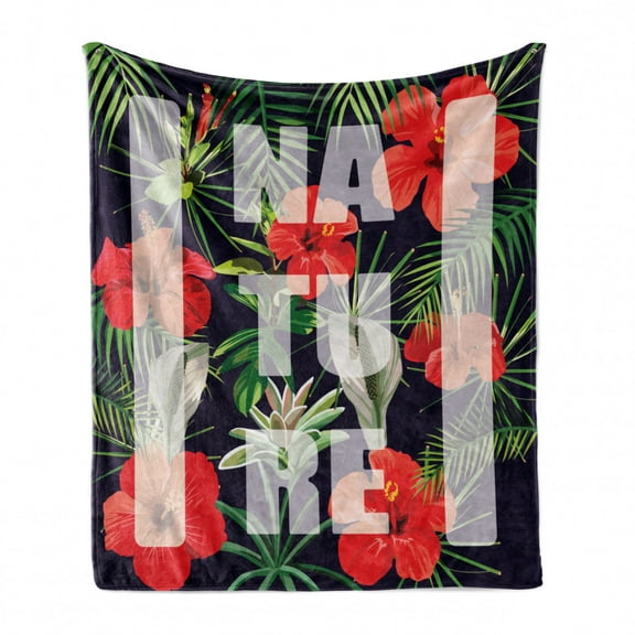 Jungle Soft Flannel Fleece Throw Blanket, Nature Typography on Exotic Fragrance Hibiscus, Cozy Plush for Indoor and Outdoor Use, 50" x 70", Indigo Vermilion Green, by Ambesonne