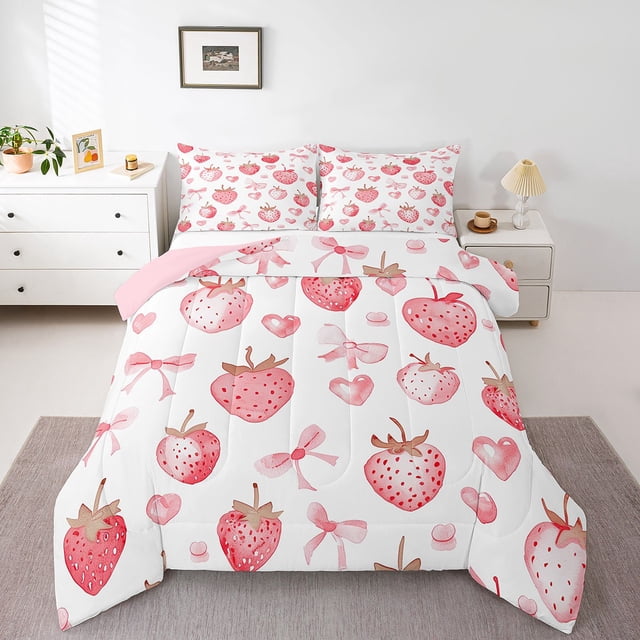 Erosebridal Ensemble de Literie Kawaii Fraise pour Tout-Petit, Couette de Rêve avec Nœud Papillon, Rose, Réversible 2 Pcs