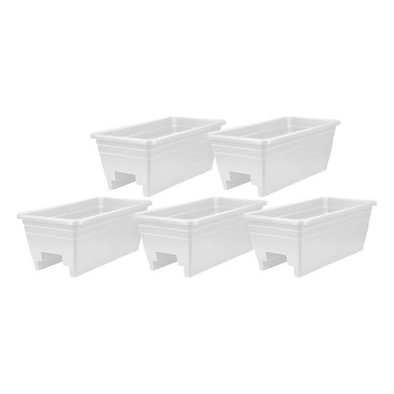 24 Inch Wide Heavy Duty Plastic Deck Rail Mounted Garden Flower Planter Boxes with Removable Drainage Plugs, White (5 Pack)
