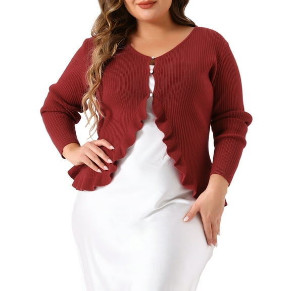 DARING DIVA Plus Size Knit Open Front Ruffled Button Cardigan 1X Burgundy