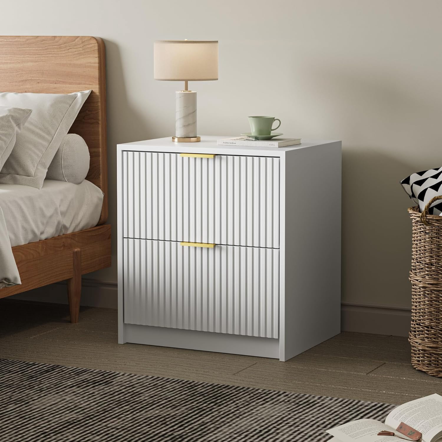 FURNIWAY Set of 2 Fluted Nightstand with 2 Drawers, Modern Storage Bedside Table with Golden Metal Handles, Wooden End Table for Bedroom, Living Room, White