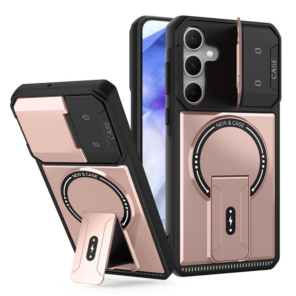 For Samsung Galaxy A17 5G Case with Magnetic Camera Slide Cover Adjustable Kickstand,Compatible with MagSafe,Shockproof Bumper Case Slim Protective Cover For Samsung Galaxy A17 5G,Rosegold