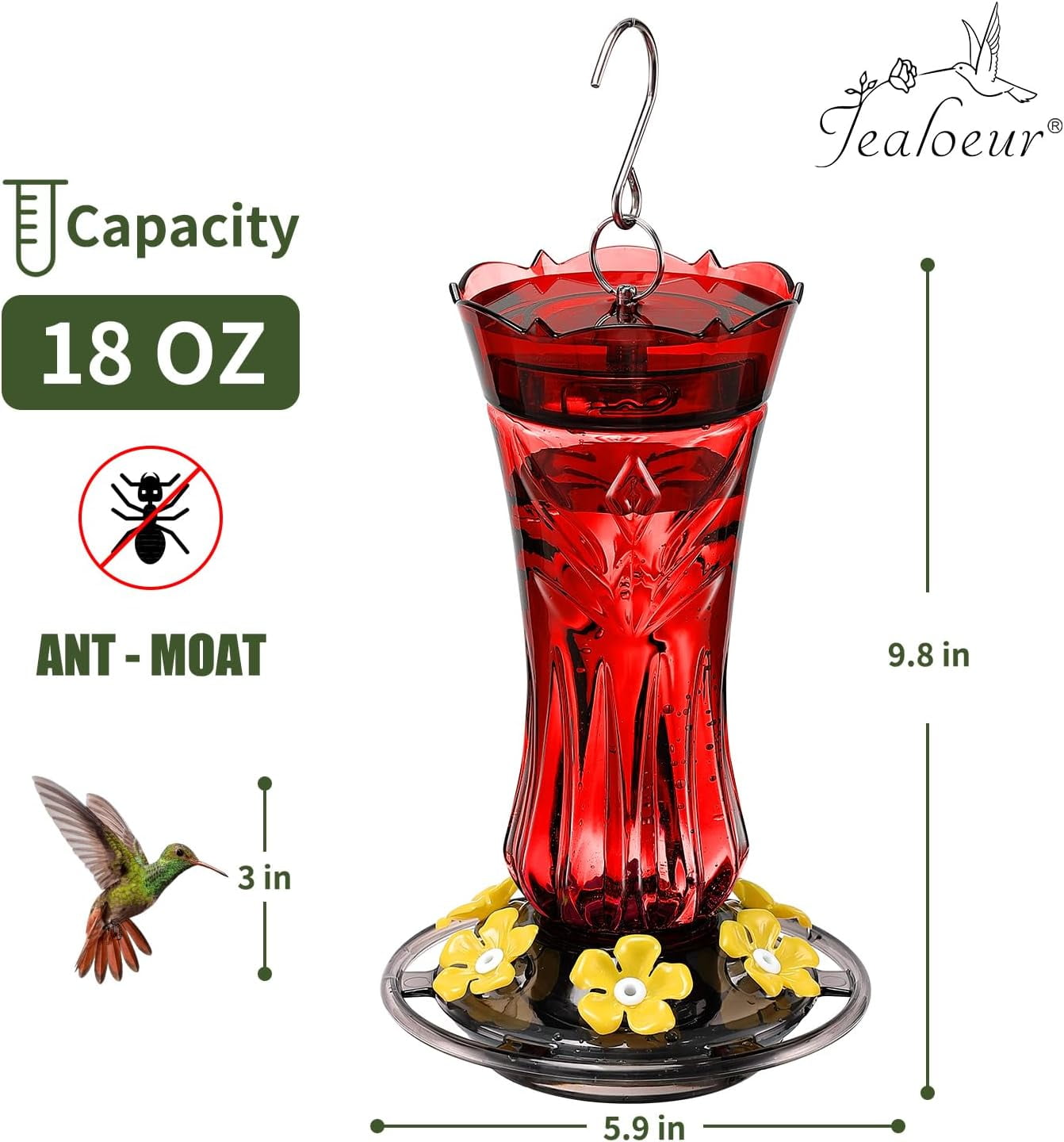 Hummingbird Feeder for Outdoors Hanging, with Bee Guard Feeding Ports & Built-in Ant Moat, Easy to Clean, Durable Outdoor Garden Decor