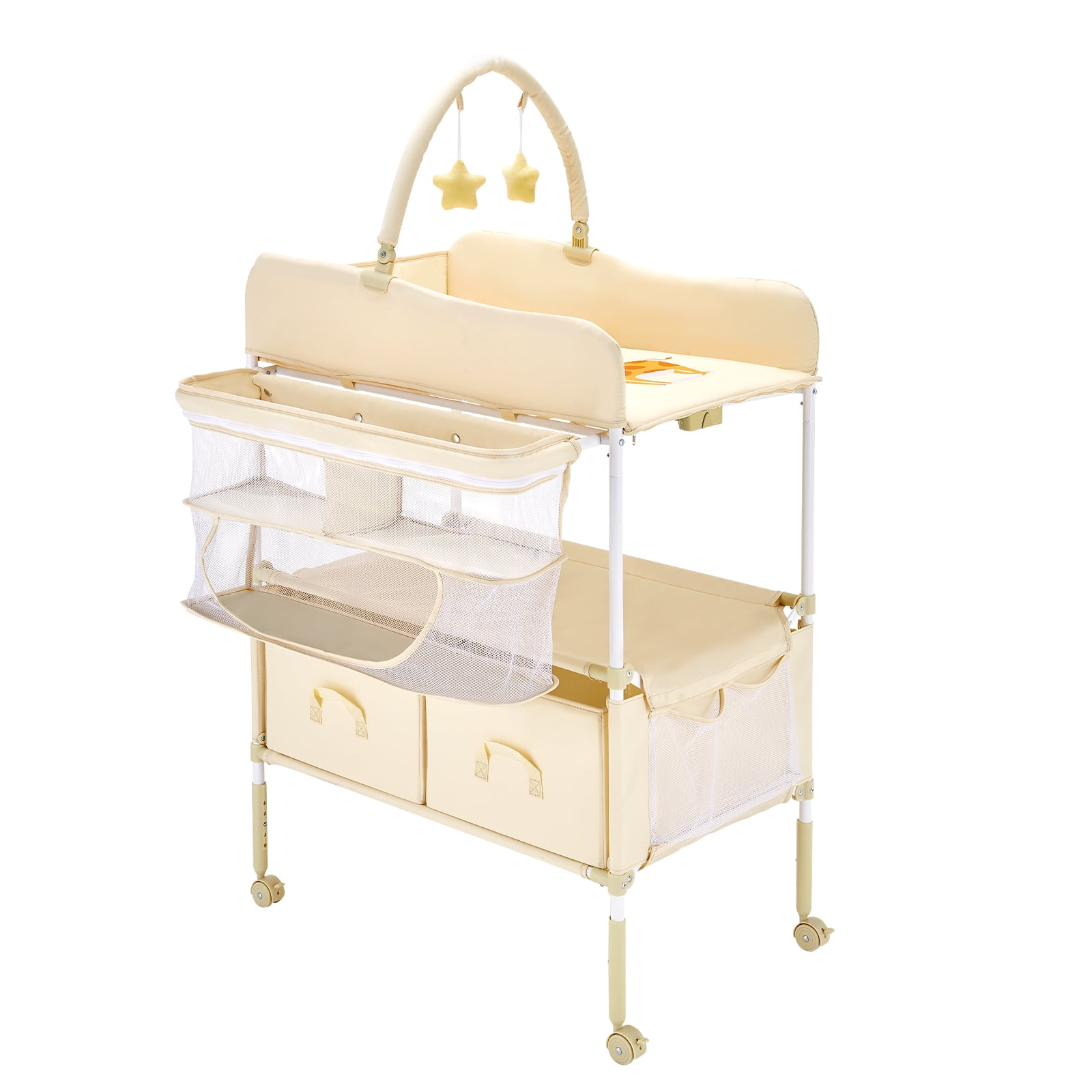 KFFKFF Foldable Baby Changing Table with Adjustable Height,30.00 x 29.53 x 39.57-42.52 in Light Beige