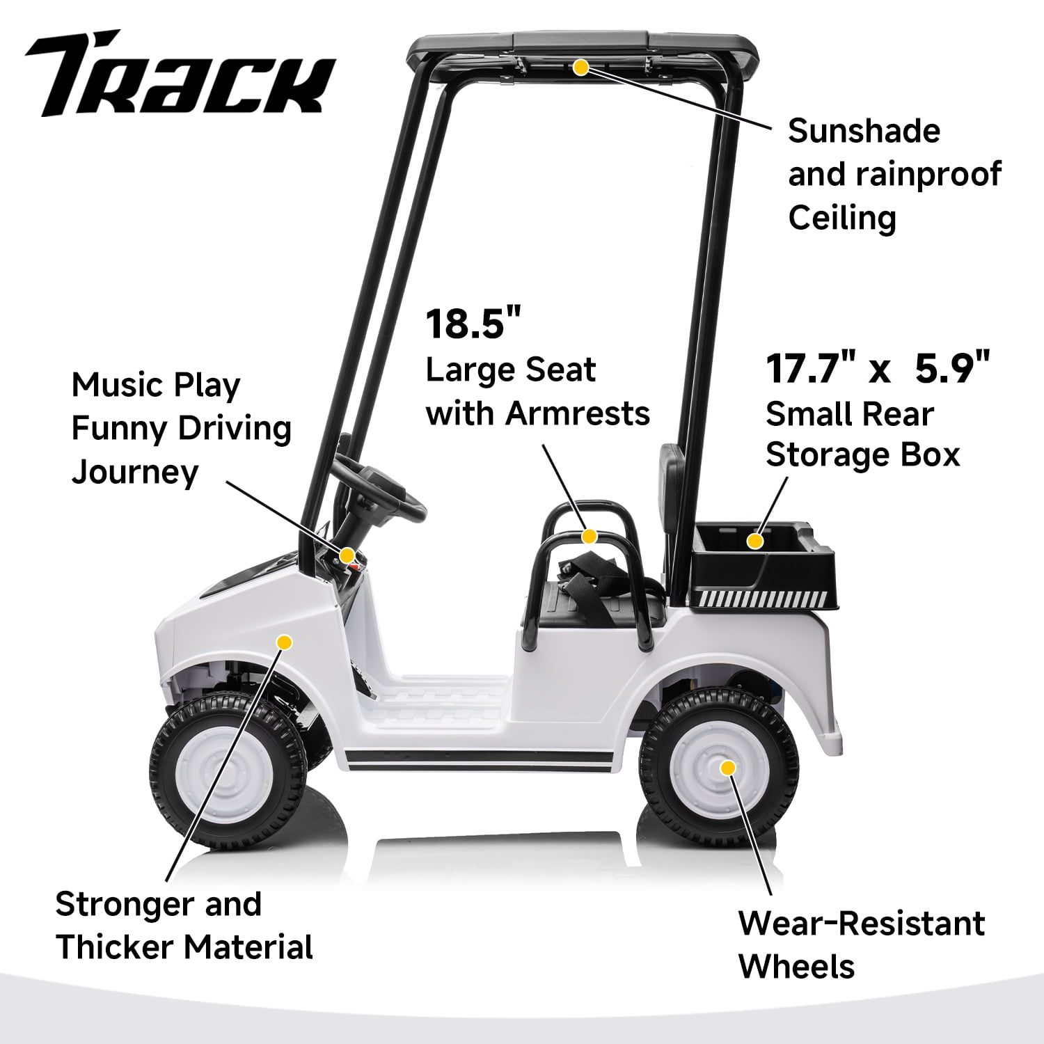 Track 7 24V Ride on Car, Electric Golf Cart with Ceiling, Ride on Truck with Remote Control, Music, Rear Storage Box, Electric Car for Boys Girls Age 3+, 18.5" Large Seat with Armrests, White