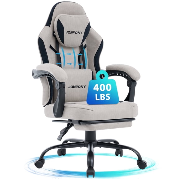 JONPONY Big and Tall 400LBS Gaming Chair with Foot Rest,Breathable Fabric for Home Office Desk, Ergonomic High Back Computer Chair with Headrest & Lumbar Support, Light Grey