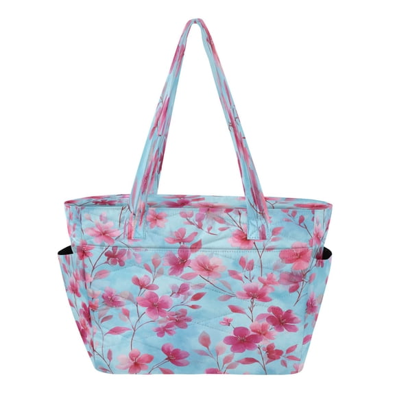 Quilted Tote Bag Large Capacity Multi-Compartment Handbag Lightweight Structured Shoulder Bag Versatile Casual Bag Cute Pink Delicate Flowers