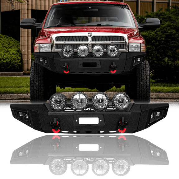 TIOYAR Compatible with 1994-2001 Dodge Ram 1500 Front Bumper Textured Black Steel With Winch Plate and Lights