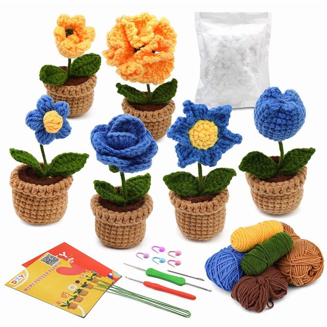Kit de crochet para principiantes, kit de flores en maceta de crochet, kit completo de crochet para principiantes adultos con instrucciones paso a paso