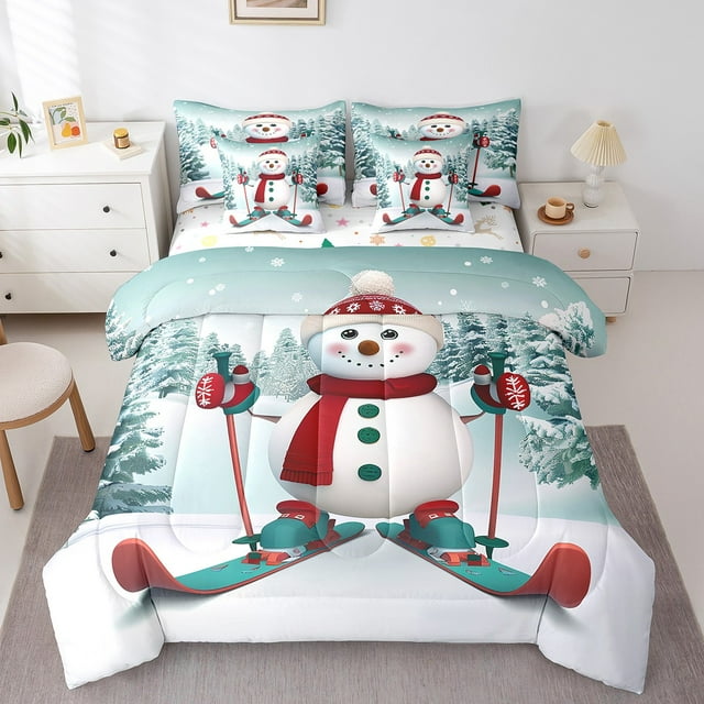 Snowman 7 Piece Comforter Set Full Bed in a Bag Christmas Tree Bedding Sets,Skiing Snowboard Ski Sheet Set with Comforter,Cartoon Christmas Decorations